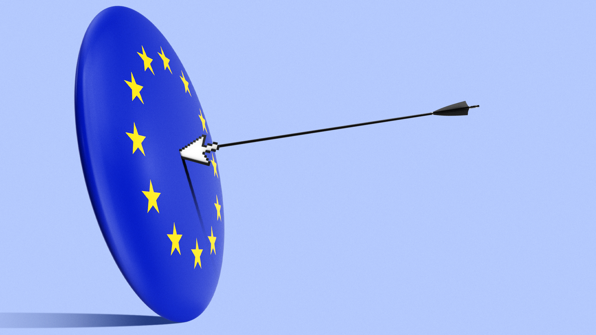 Illustration of an archery arrow tipped with a mouse cursor icon embedded in an EU flag target