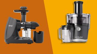 The Ninja Cold Press Juicer on an orange background and the Nutribullet Juicer on a yellow background