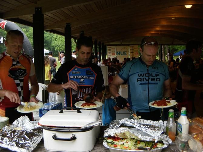 Riders feast after the race