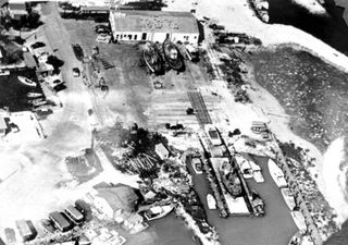 An aerial view of Marathon Key after Hurricane Donna in 1960.