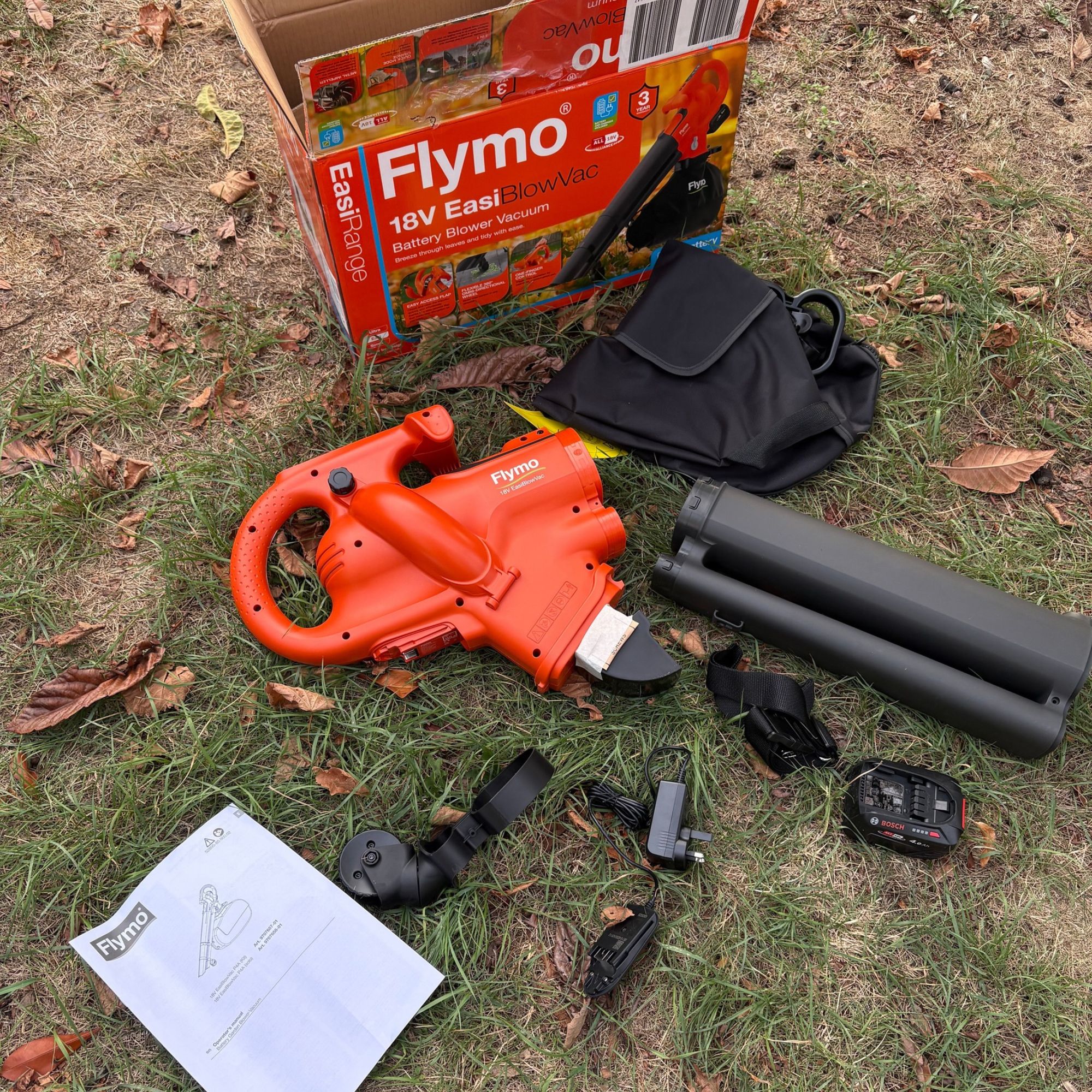 FLYMO EasiBlowVac Cordless Garden Vacuum &amp;amp; Leaf Blower parts before assembly