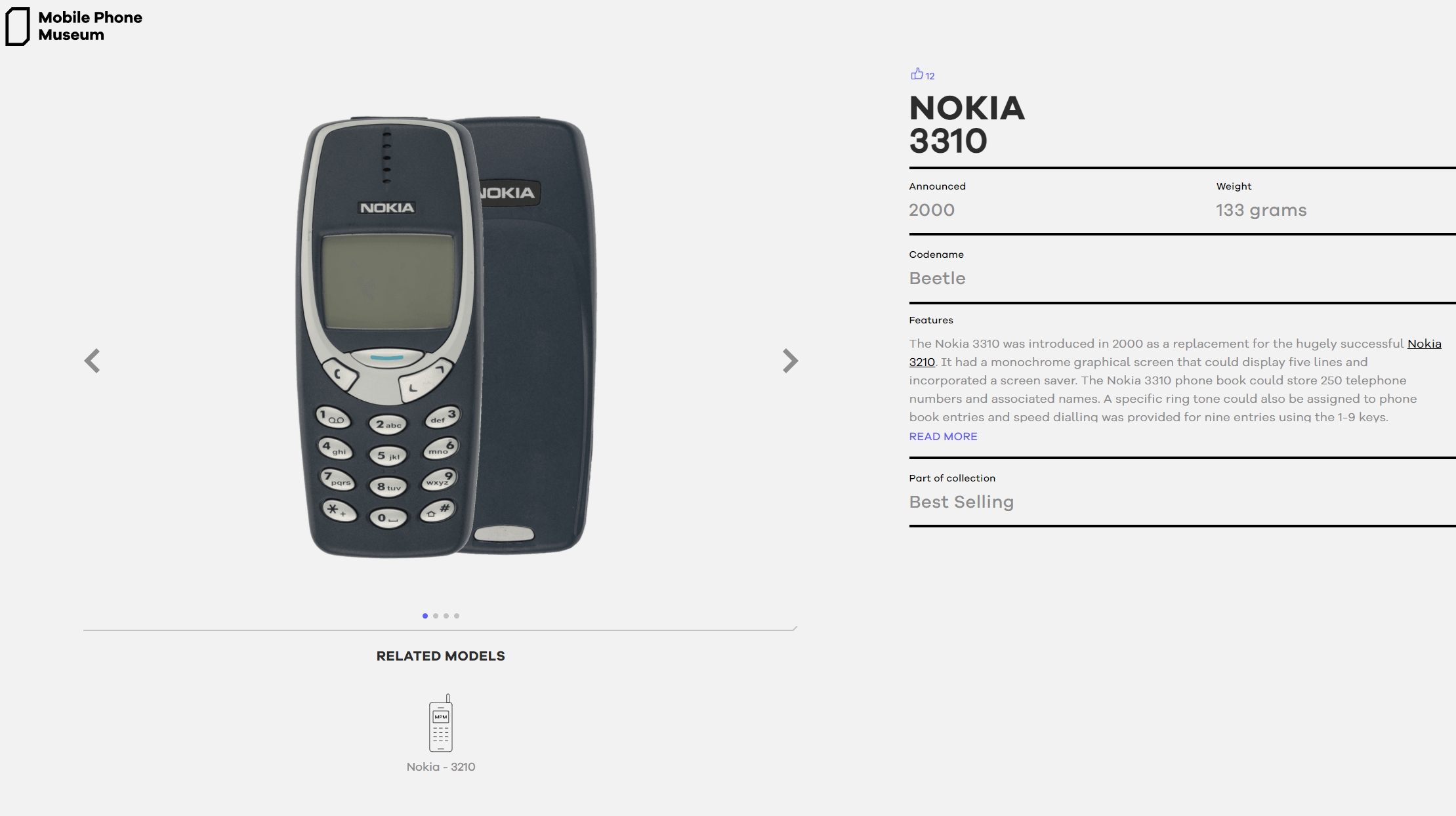 An image of the Nokia 3310 on the Mobile Phone Museum