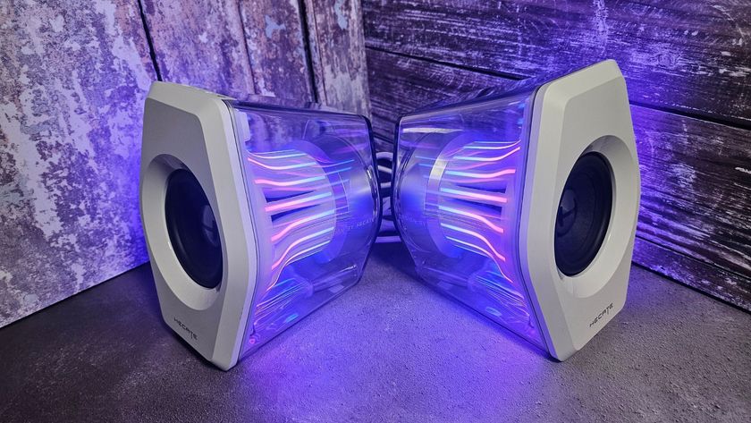 Edifier G2000 Pro speakers with blue and purple RGB lighting