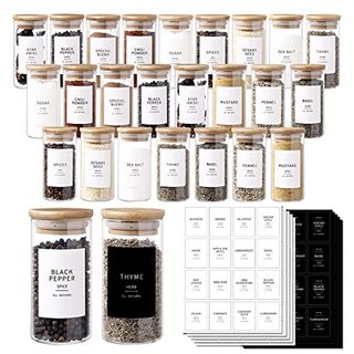 24 Glass Jars With 296 Spice Labels Preprinted of White and Black ColorWith Bamboo Airtight Lids