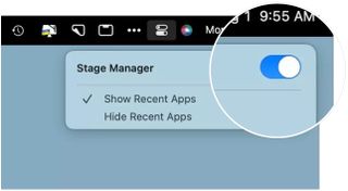 To turn off Stage Manager, choose Control Center from the menu bar at the top right, then click Stage Manager. Toggle Stage Manager off.