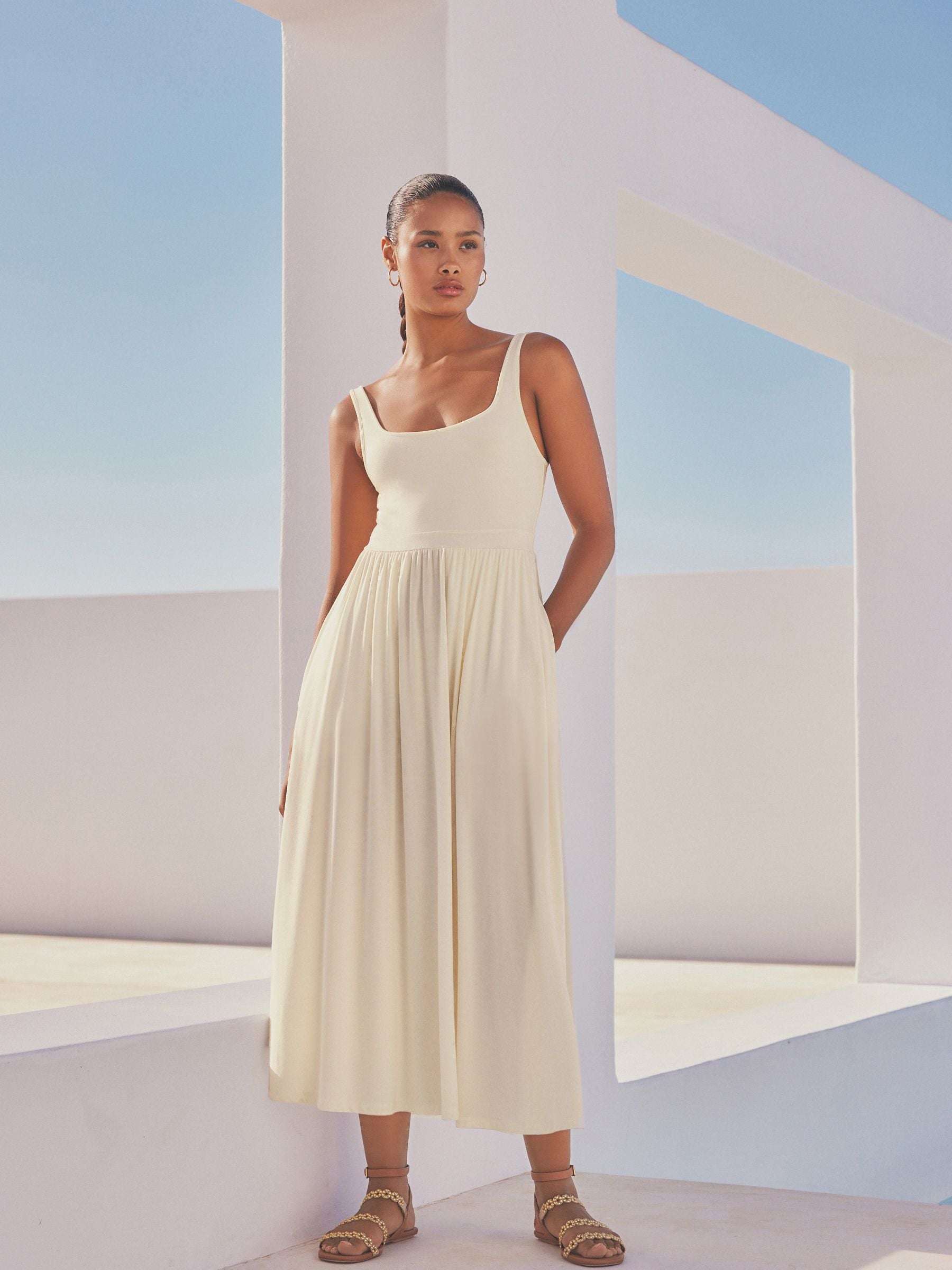 Cream Jersey Waisted Summer Dress