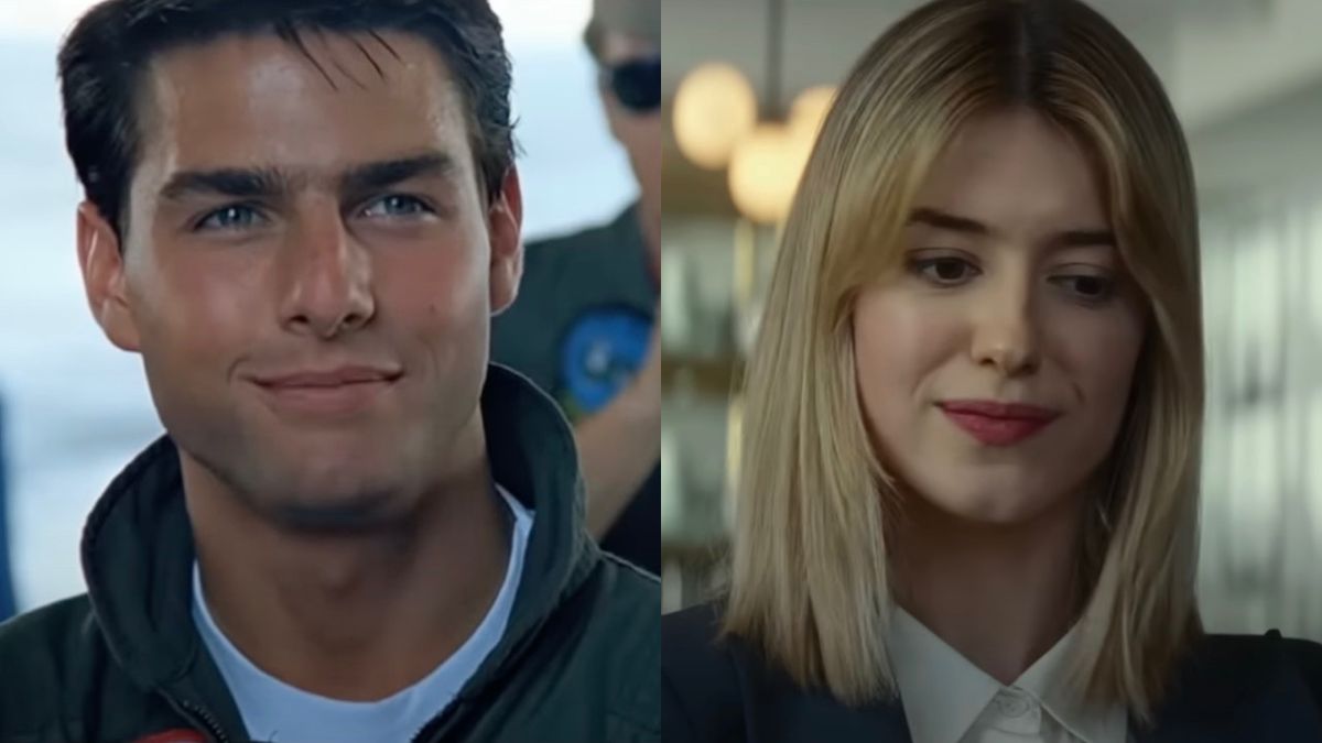 Maverick (Tom Cruise) smiles at Charlie in Top Gun, while Kate talks to Javi in Twisters