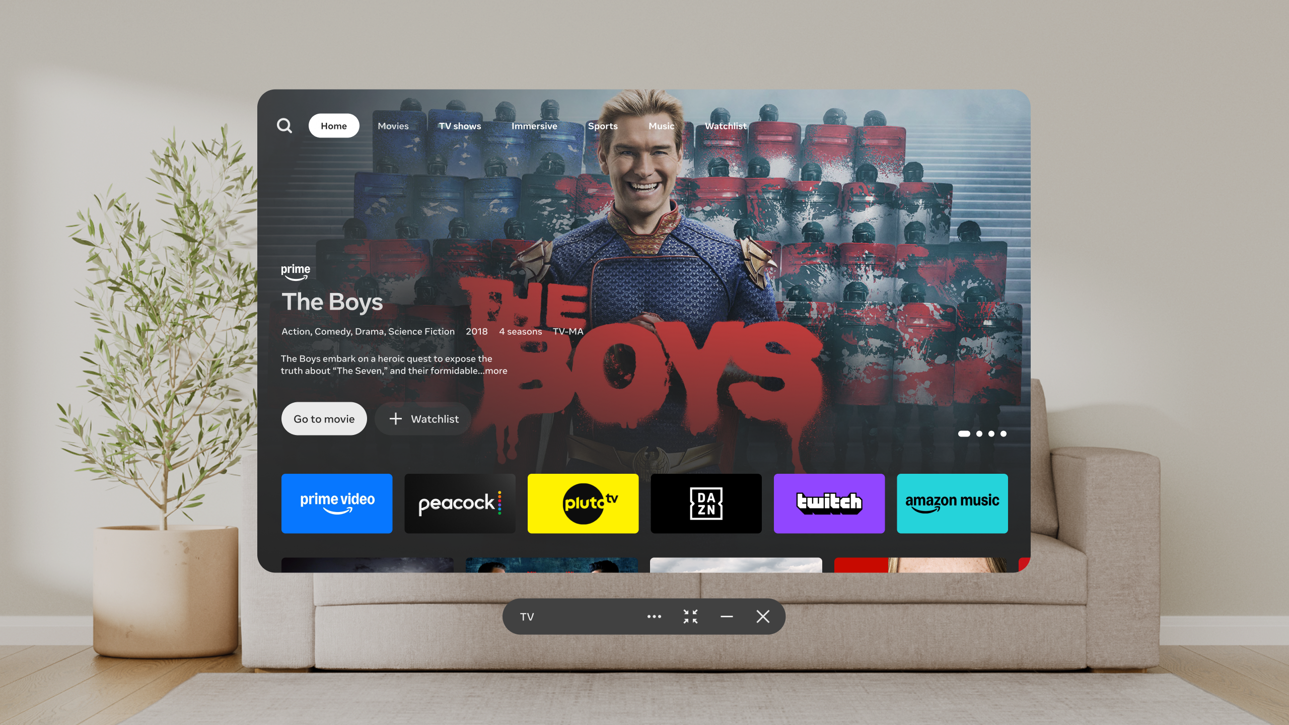 The Horizon TV home screen seen on a Meta Quest headset 