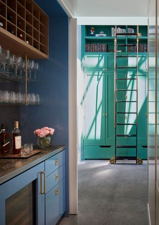 Cabinets and walls painted in bright colors in a lakeview Residence in Chicago