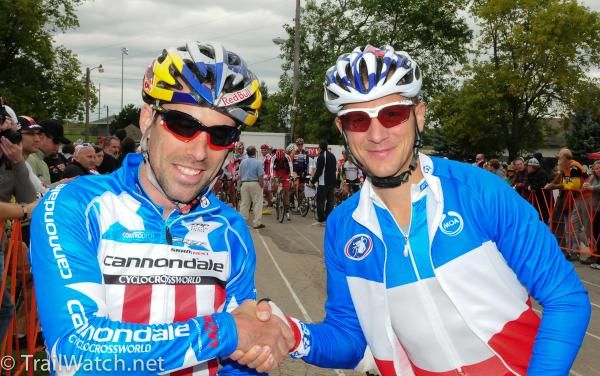 USA Champion Tim Johnson (L) and French Champion Francis Mourey wish each other good luck at the start.