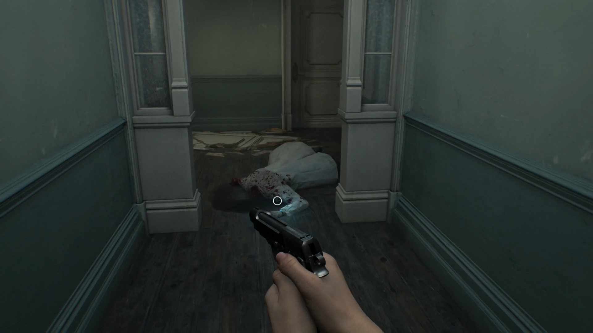 Resident Evil Requiem - a body lies on the floor outside the Lead Researcher's Office