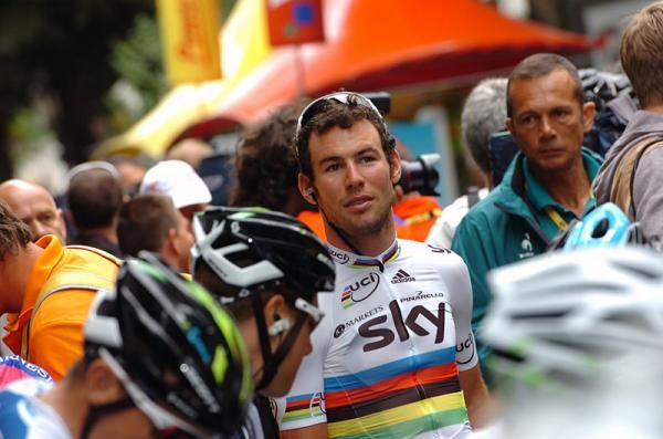 World champion Mark Cavendish (Sky) awaits the start of stage 17.