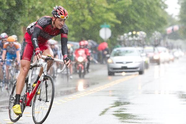 Marcus Burghardt (BMC) leads the second group through a drenched corner in Santa Rosa.