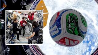two images: one of a ball floating in zero gravity with earth visible through a window behind it; another of four people floating in zero gravity kicking that ball back-and-forth between them