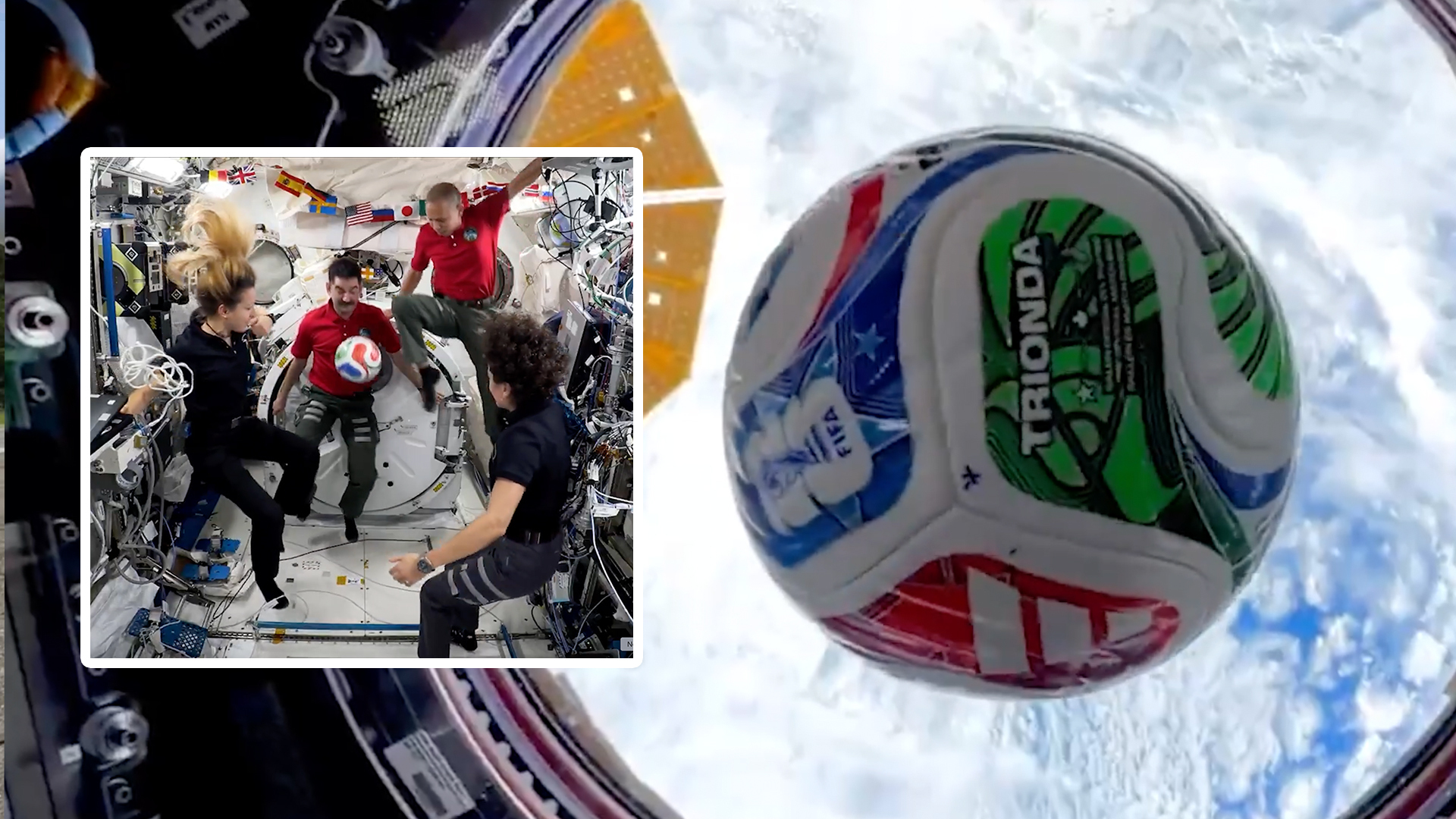two images: one of a ball floating in zero gravity with earth visible through a window behind it; another of four people floating in zero gravity kicking that ball back-and-forth between them