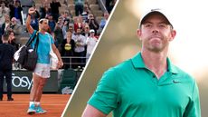 (left) Rafa Nadal waves to the crowd after exiting the French Open (right) Rory McIlroy looks on wearing a green Nike polo