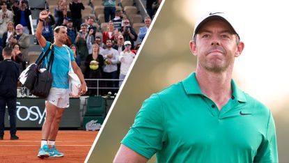 (left) Rafa Nadal waves to the crowd after exiting the French Open (right) Rory McIlroy looks on wearing a green Nike polo