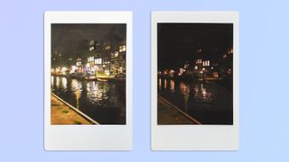 Two photos of city lights reflecting on the surface of a river, taken on a Fujifilm Instax mini Evo instant camera