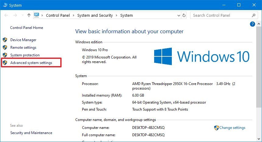 Control Panel System settings