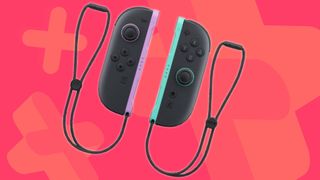Image of the new light purple and light green Nintendo Switch 2 Joy-Con controllers on a pink GamesRadar+ background.