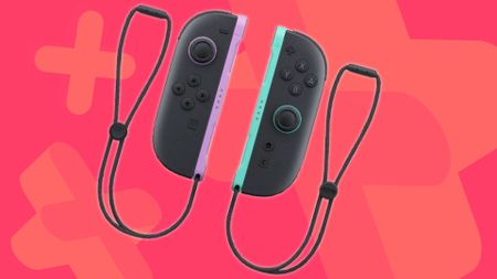 Image of the new light purple and light green Nintendo Switch 2 Joy-Con controllers on a pink GamesRadar+ background.