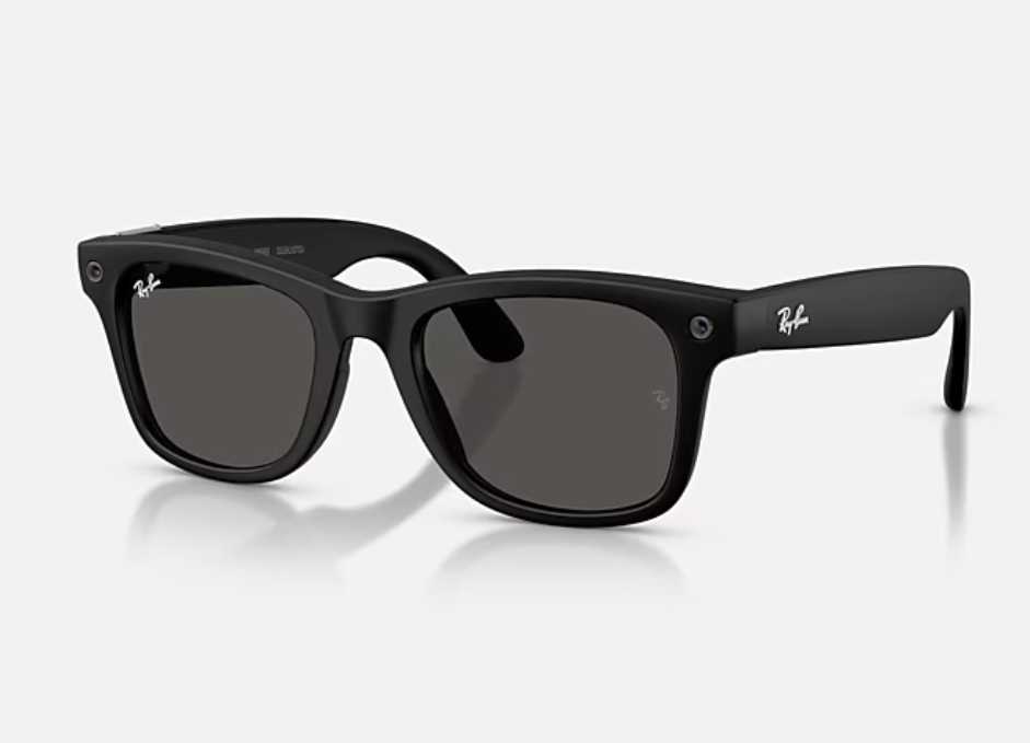 Ray-Ban meta glasses pictured against a blank background. 