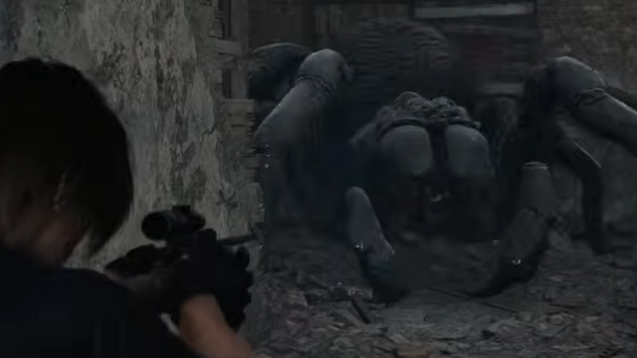 『バイオハザード レクイエム』で巨大クモを撃つレオン