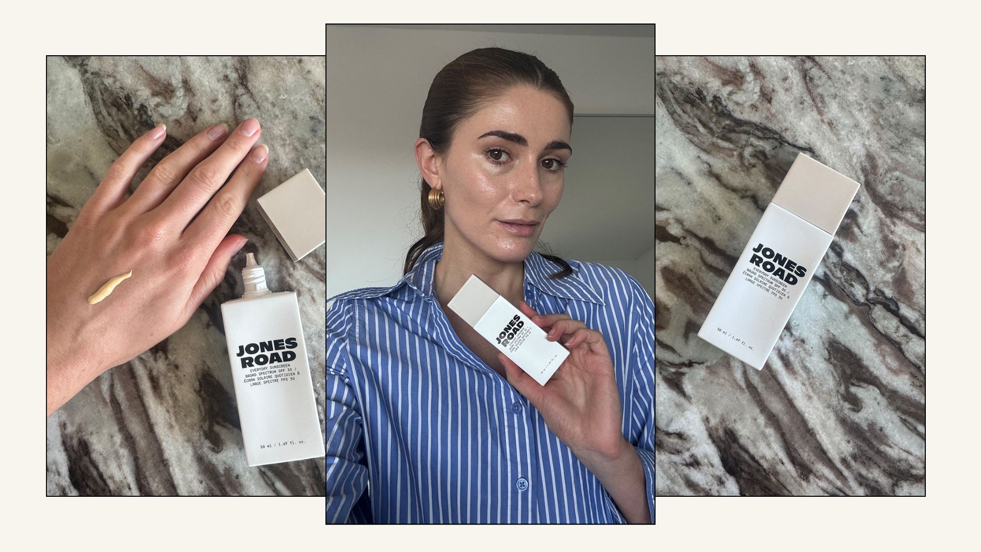 A collage with photos of the Jones Road Everyday Sunscreen bottle on a marble surface with a photo of beauty editor Eleanor testing it to camera