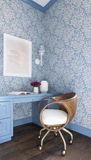 Small home office with blue wallpaper