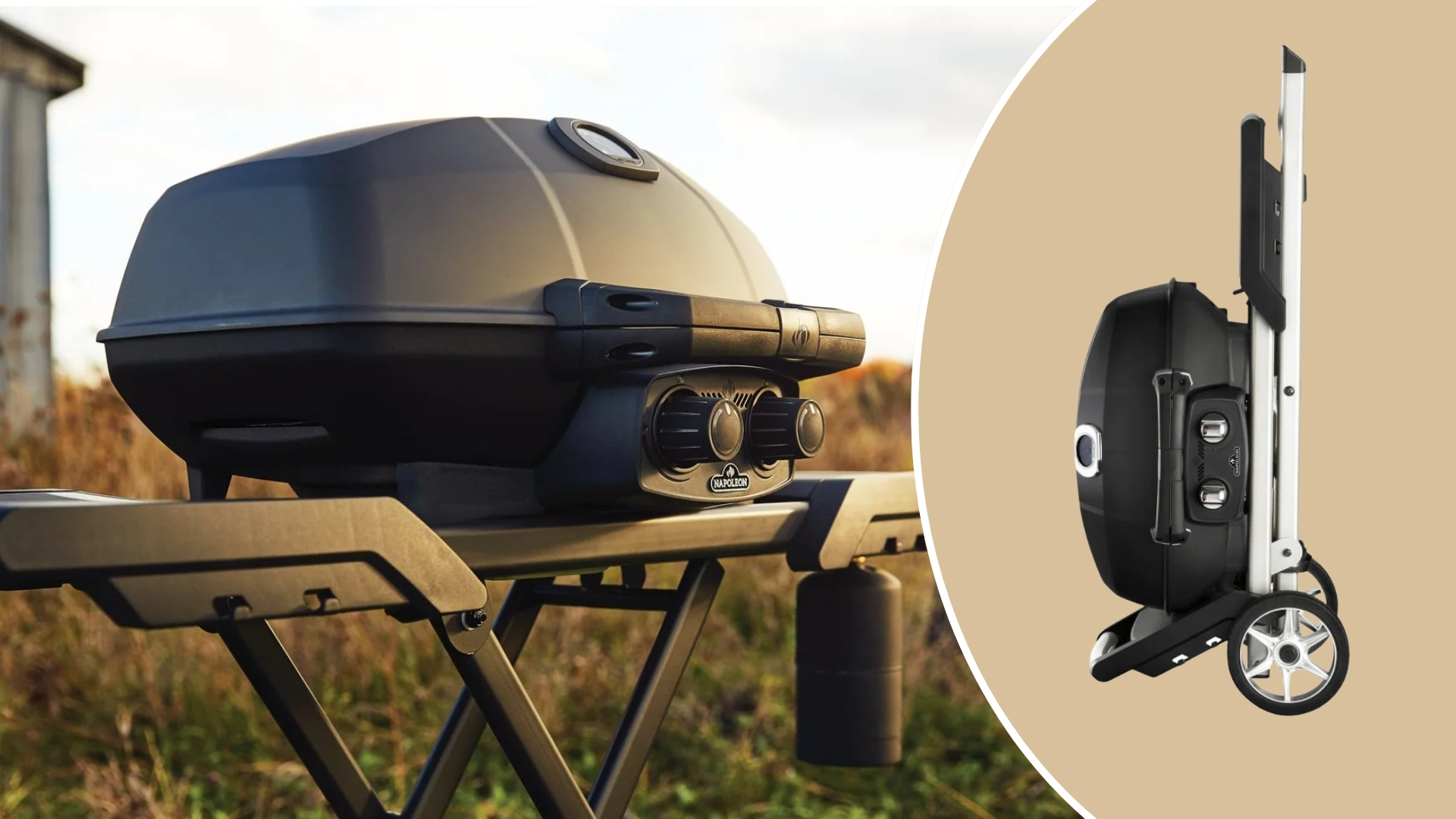 Napoleon TravelQ PRO285X Portable Propane Gas Grill in a field at sunset with a cut out of the Napoleon TravelQ PRO285X Portable Propane Gas Grill folded away