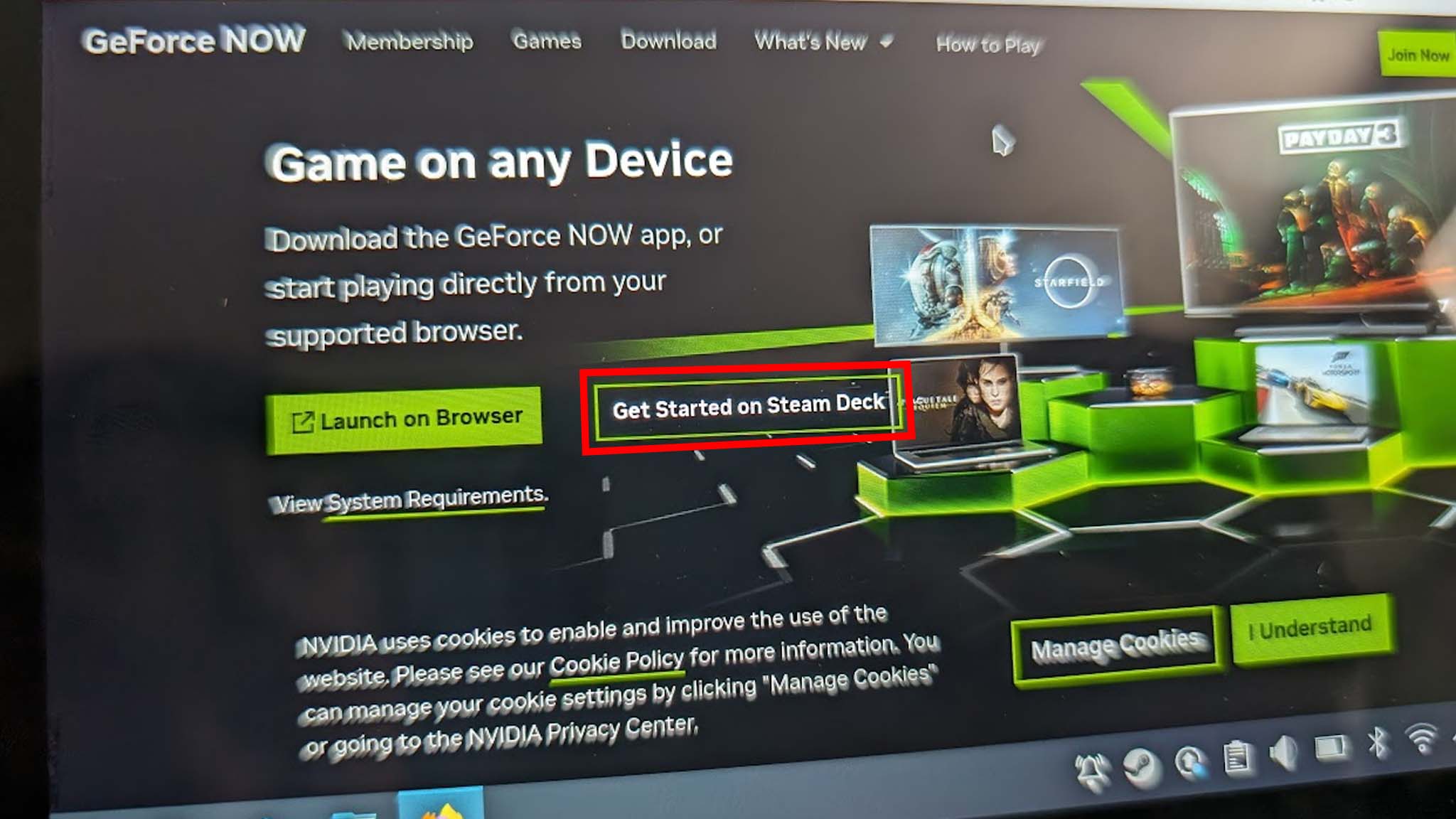 Install NVIDIA GeForce Now on Steam Deck: Click Get Started on Steam Deck.