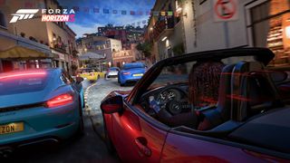 Screenshot of Forza Horizon 5 depicting various cars racing.