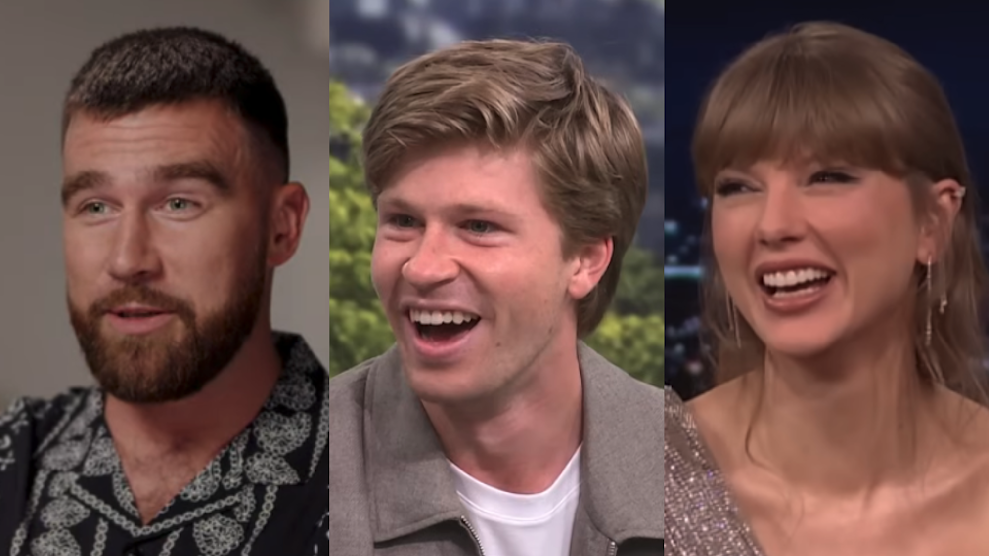 Travis Kelce, Robert Irwin and Taylor Swift in separate interviews 