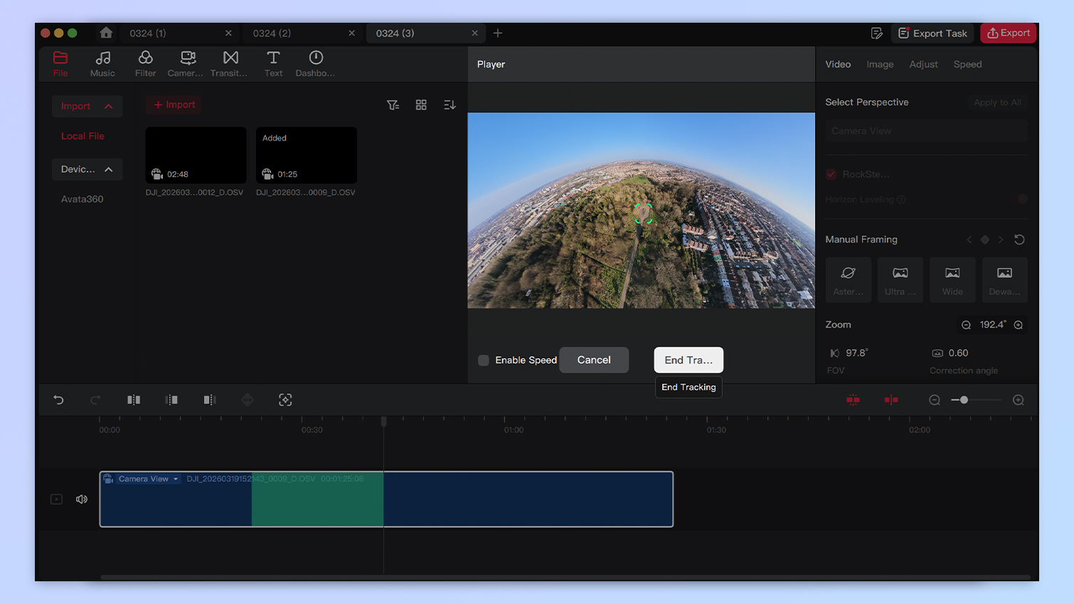DJI Avata 360 editing software screenshots