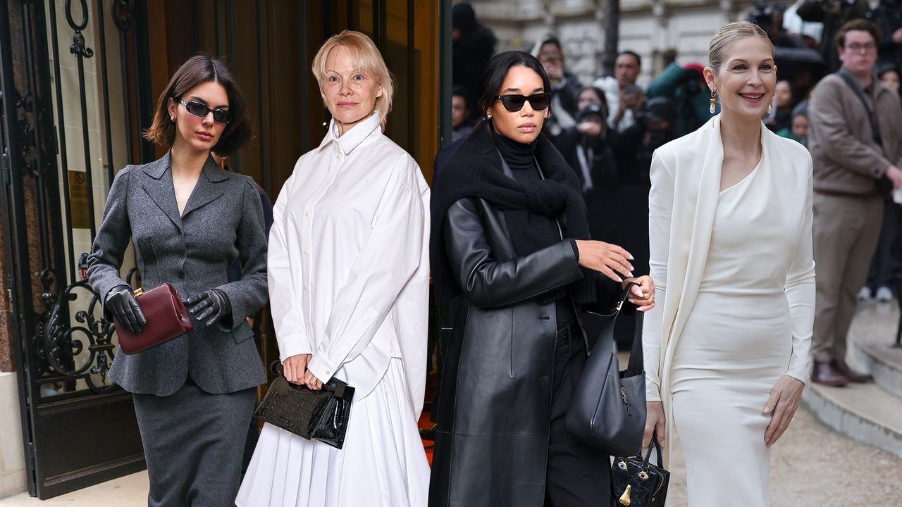 A collage of celebrity street style during Paris Haute Couture Week, including Kendall Jenner, Pamela Anderson, Laura Harrier, and Kelly Rutherford.