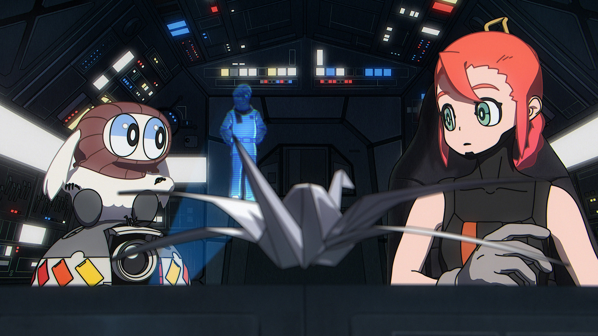Still from the animated TV anthology series "Star Wars: Visions Volume 3". This episode is called 'The Song of Four Wings' by Project Studio Q. A Woman and little creature are sitting in a cockpit, looking at each other. Hovering in front of them is a paper crane with four wings.