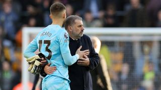 Tottenham goalkeeper Guglielmo Vicario and manager Ange Postecoglou after defeat at Wolves in November 2023.