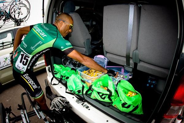 Eventual winner Yohann Gene (Europcar) made sure he was fueled for the day.