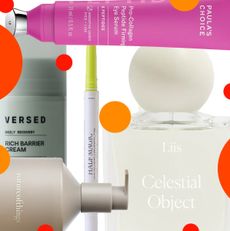 product collage of Liis Celestial Object, Versed Daily Recovery Rich Barrier Cream, HALF MAGIC Go Plump Yourself Invisible Extreme Plumping Lip Liner, Paula's Choice Pro-Collagen Peptide Firming Eye Gel Serum, Nature of Things Awakening Santal Body Wash on white background with red and orange polka dots