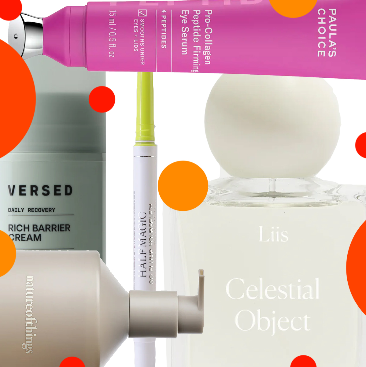 product collage of Liis Celestial Object, Versed Daily Recovery Rich Barrier Cream, HALF MAGIC Go Plump Yourself Invisible Extreme Plumping Lip Liner, Paula's Choice Pro-Collagen Peptide Firming Eye Gel Serum, Nature of Things Awakening Santal Body Wash on white background with red and orange polka dots 