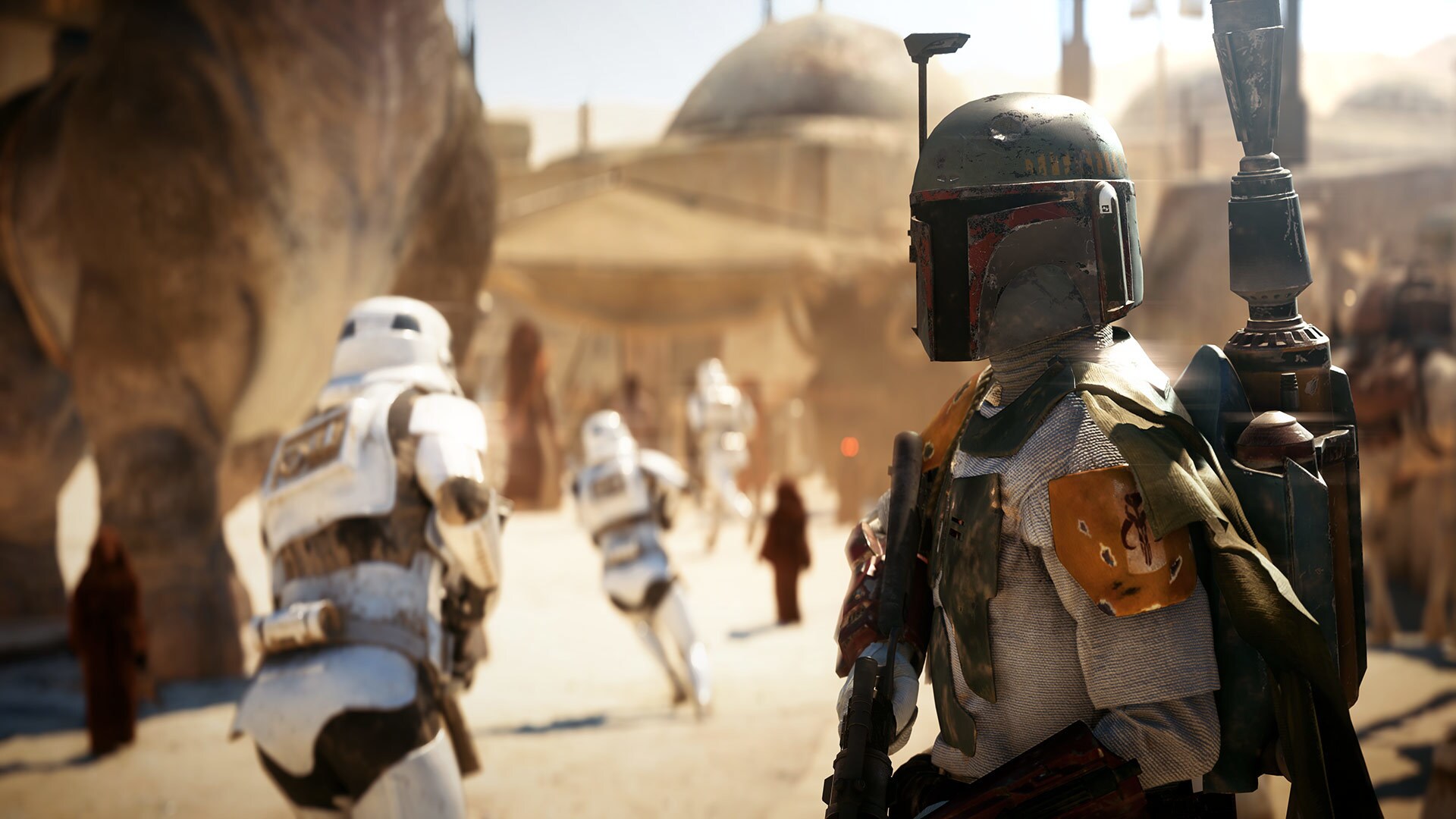 Star Wars Battlefront 2 (2017) screenshot showing Boba Fett overseeing marching stormtroopers