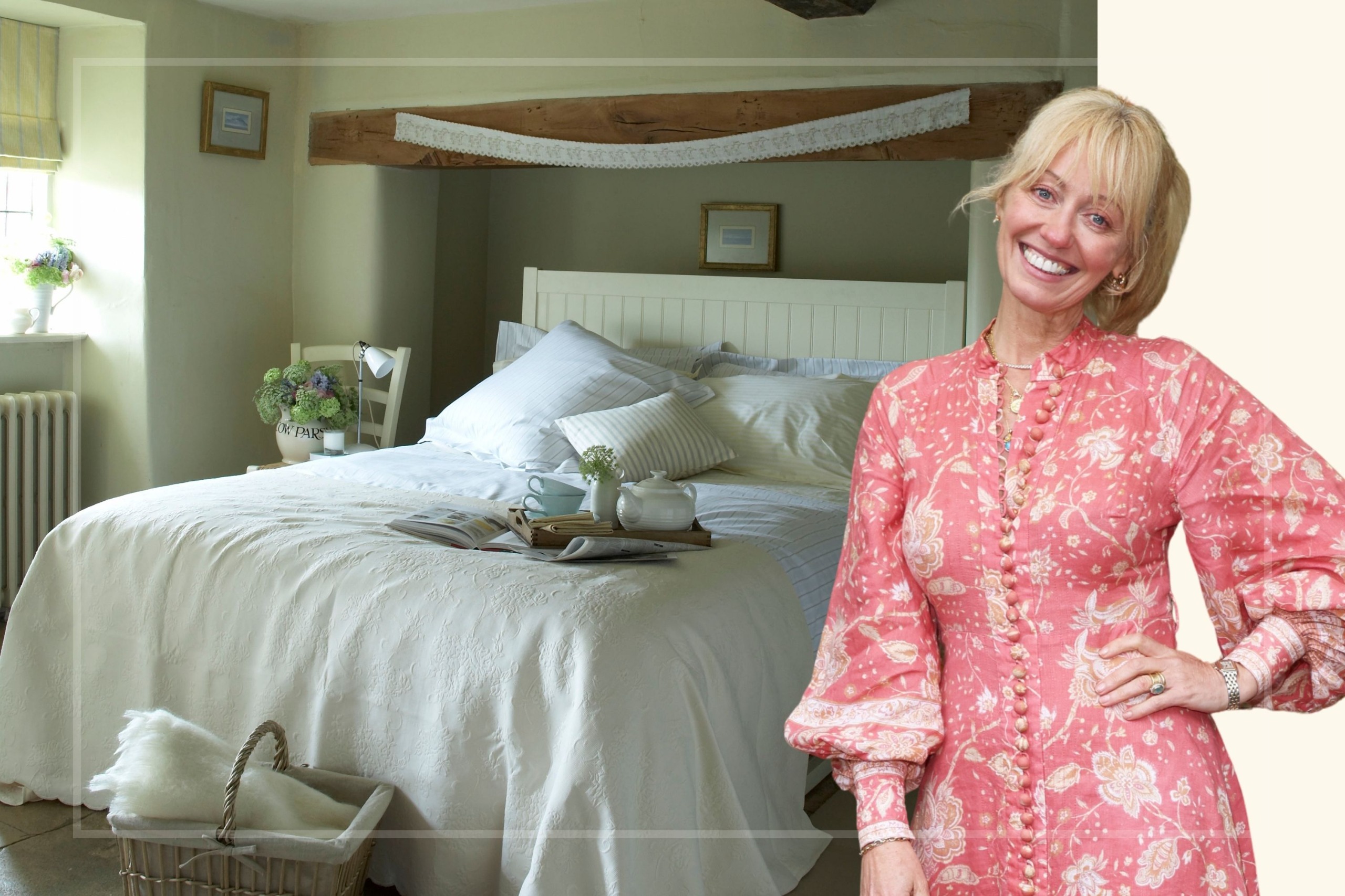 A comp image of a bedroom with an insert of Clodagh McKenna (R)