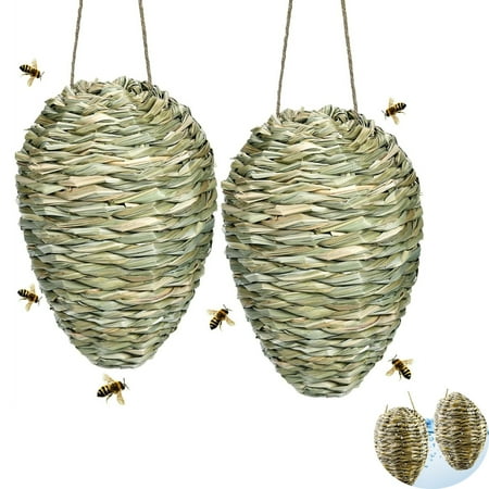 Tutuviw Reed Woven Wasp Nest Decoy,9in Waterproof Fake Wasp Nest Deterrent,faux Hornet Nest Decoy,artificial Bee Hive Nest for Garden Yard Outdoors,made of Woven Reed and Rope,1 Pack