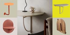 The center image is of a beige wall-mounted dining table on a light gray wall. There is a coffee mug and candle stick holder on the table. Surrounding the center image are four product boxes each with a different wall-mounted table in them.