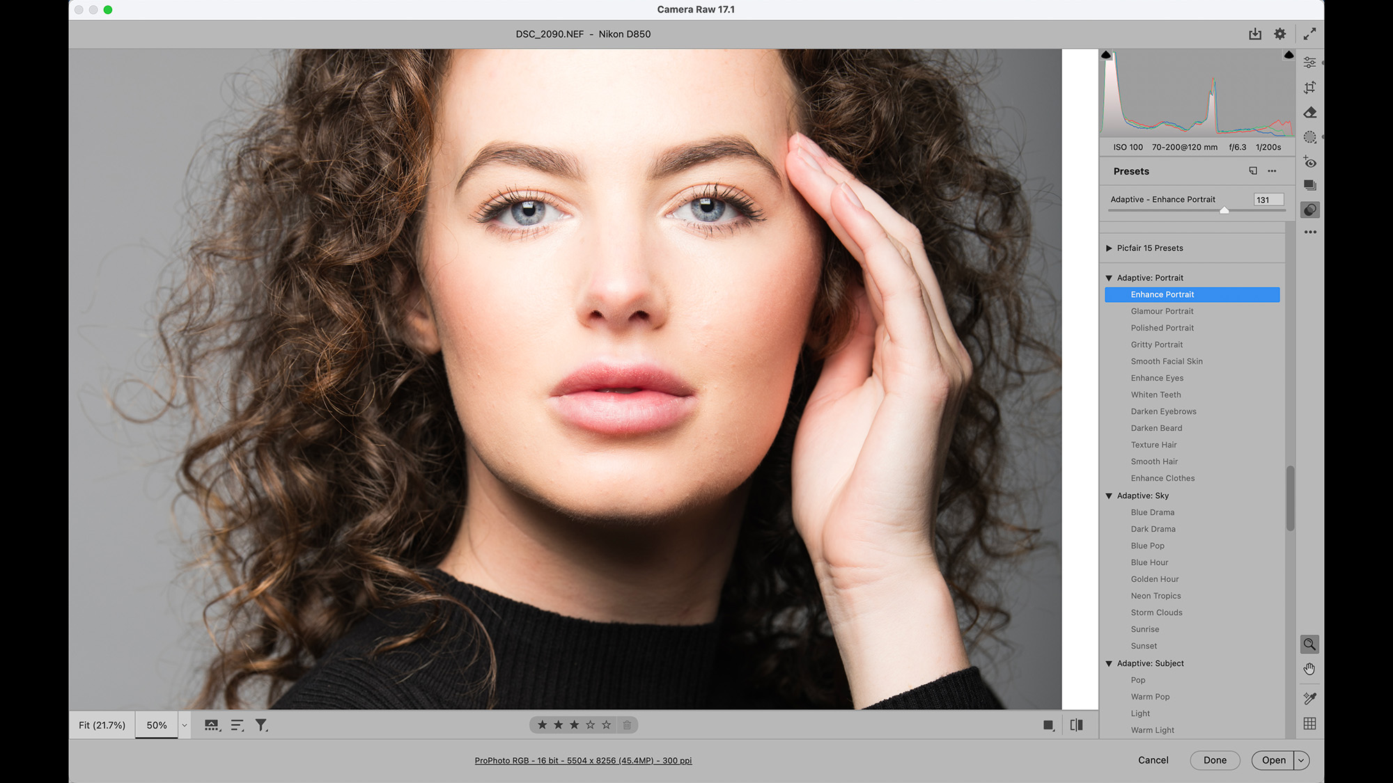 Camera Raw screenshot of close-up portrait of model by James Paterson on a grey background