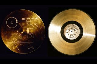 a gold disk engraved with geometrical patterns