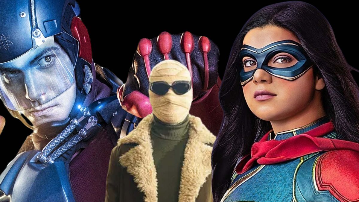 (left to right) Brandon Routh in Legends of Tomorrow; Matt Bomer in Doom Patrol; Iman Vellani in Ms Marvel 