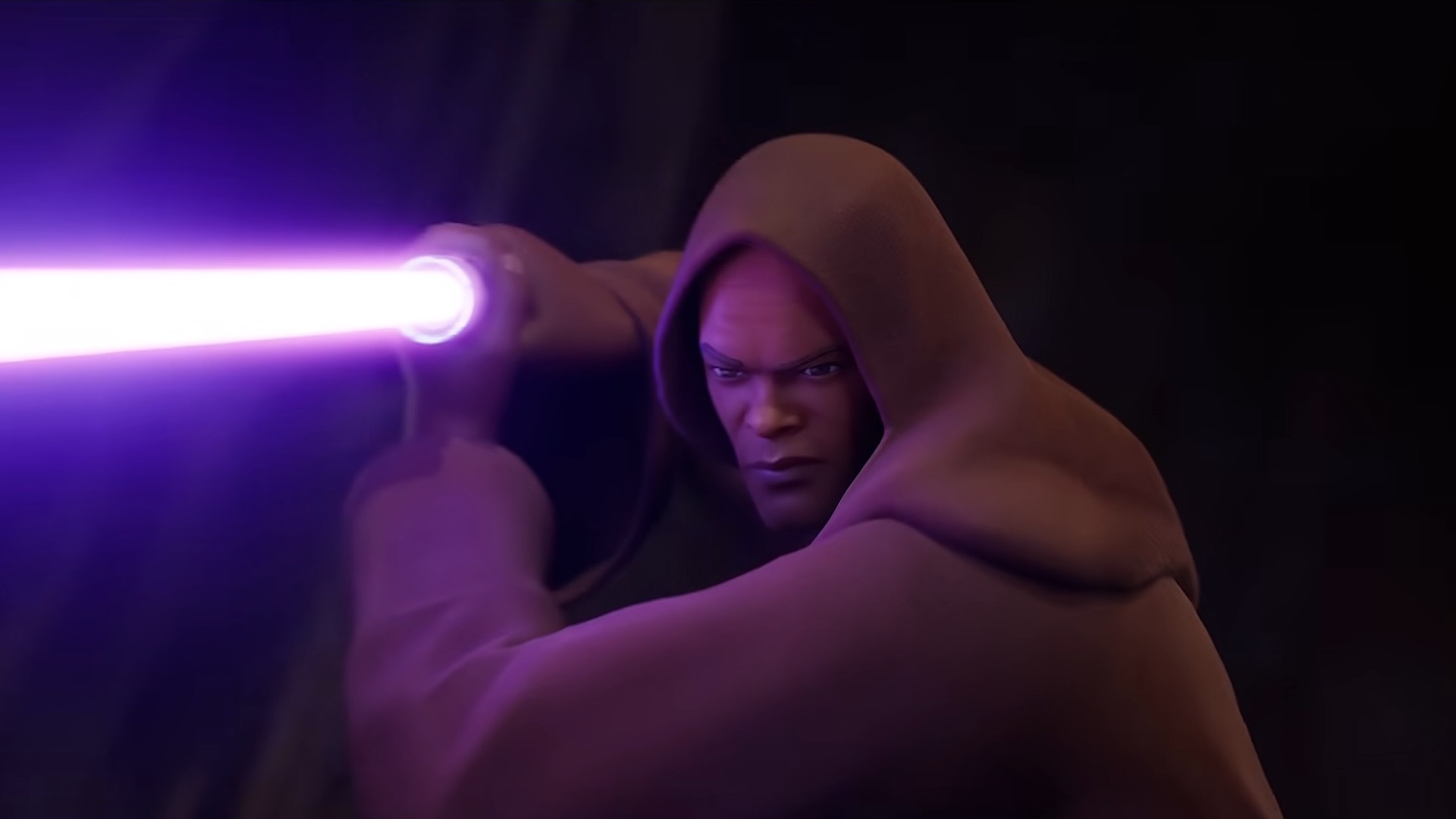 Mace Windu readies his lightsaber in a darkened room