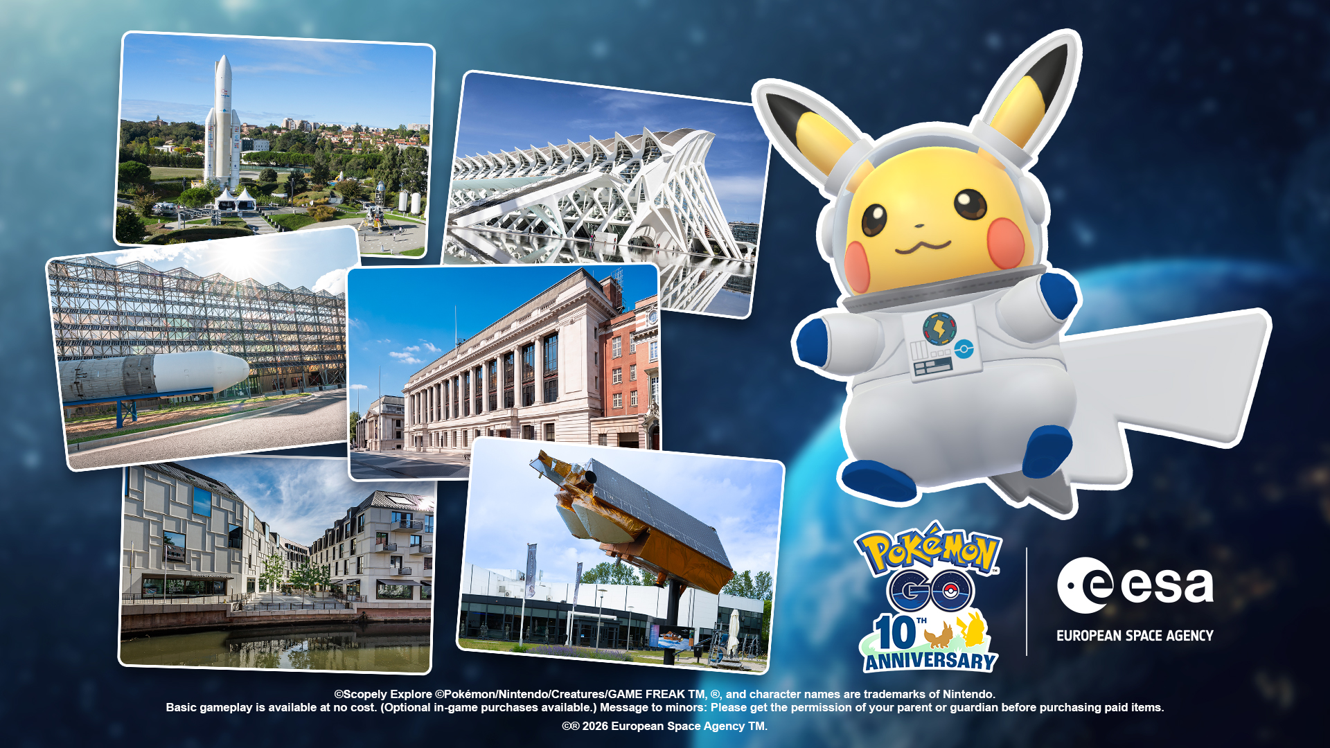 Promotional art for the ESA/Pok&amp;eacute;mon collaboration for World Space Week 2026.