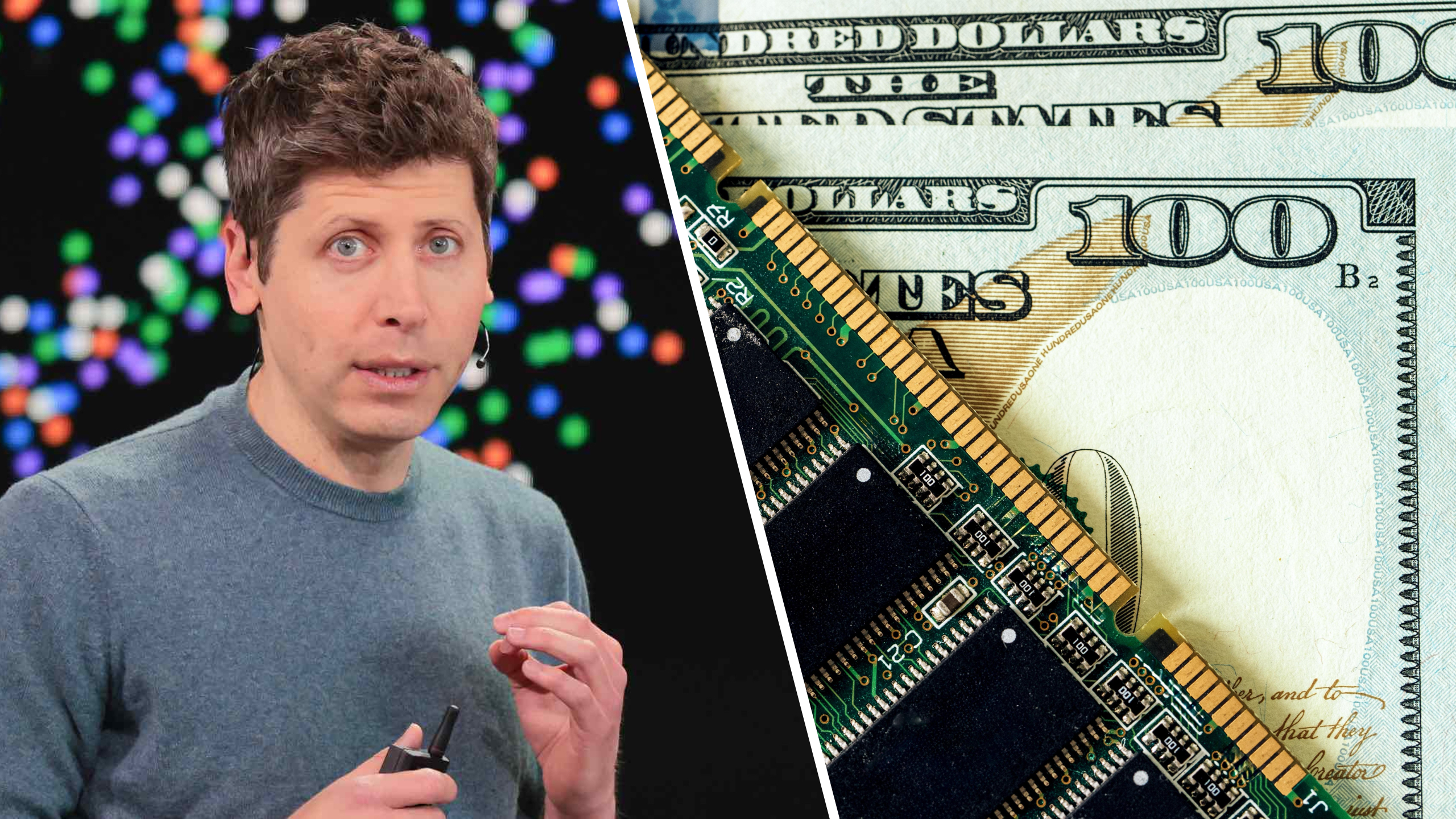 Sam Altman pictured next to a RAM stick and $100 bills